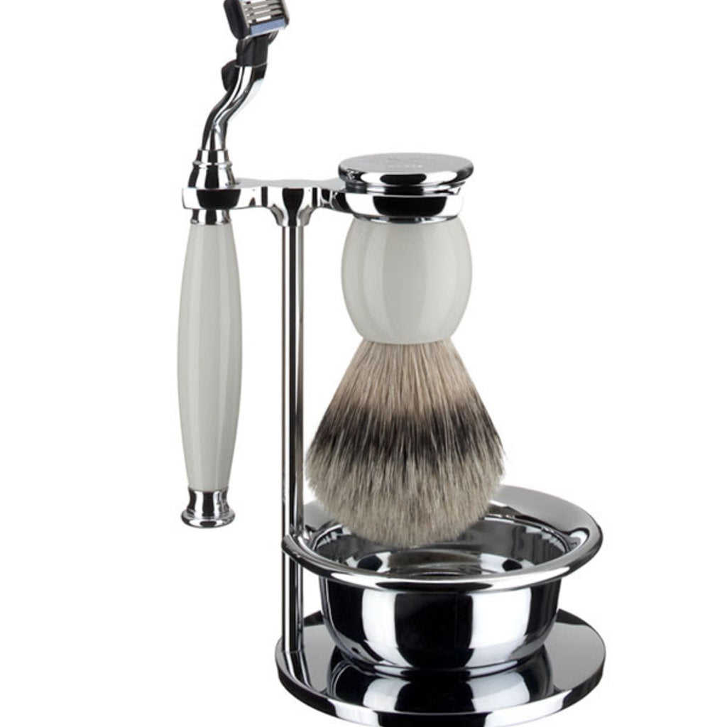 Mühle Scheerset Silvertip Dassenhaar 4-delig Sophist - Porselein Mach3®
