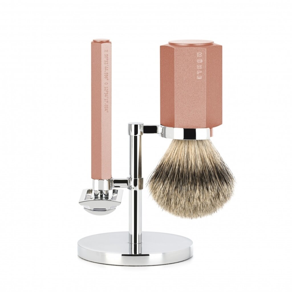 Mühle Scheerset Hexagon Sunrise met Silvertip Dassenhaar Scheerkwast