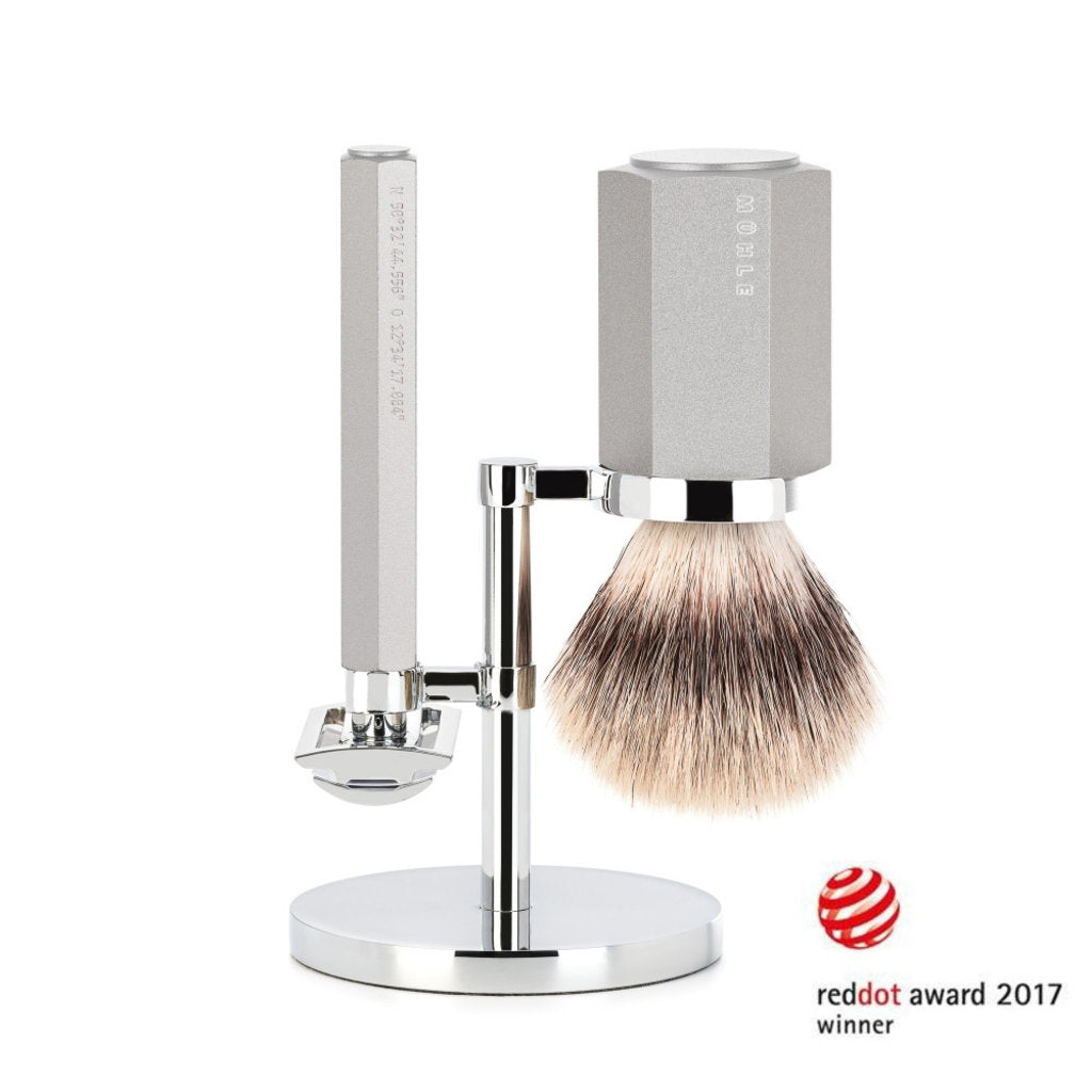 Mühle Scheerset Hexagon - Zilvergrijs - Saf.Razor - Silvertip Fibre®