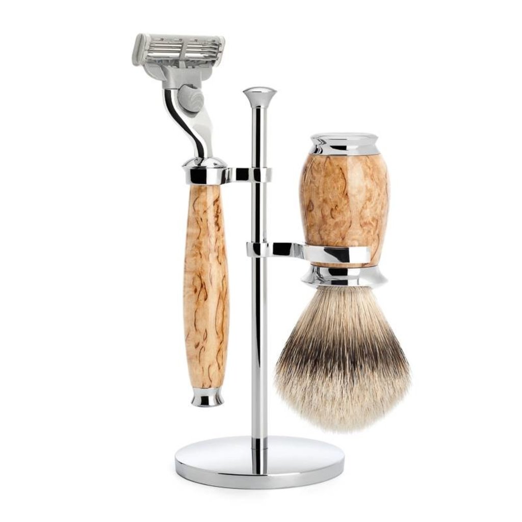Mühle Scheerset Silvertip Dassenhaar Purist 3-delig - Maserbirke - Mach3®