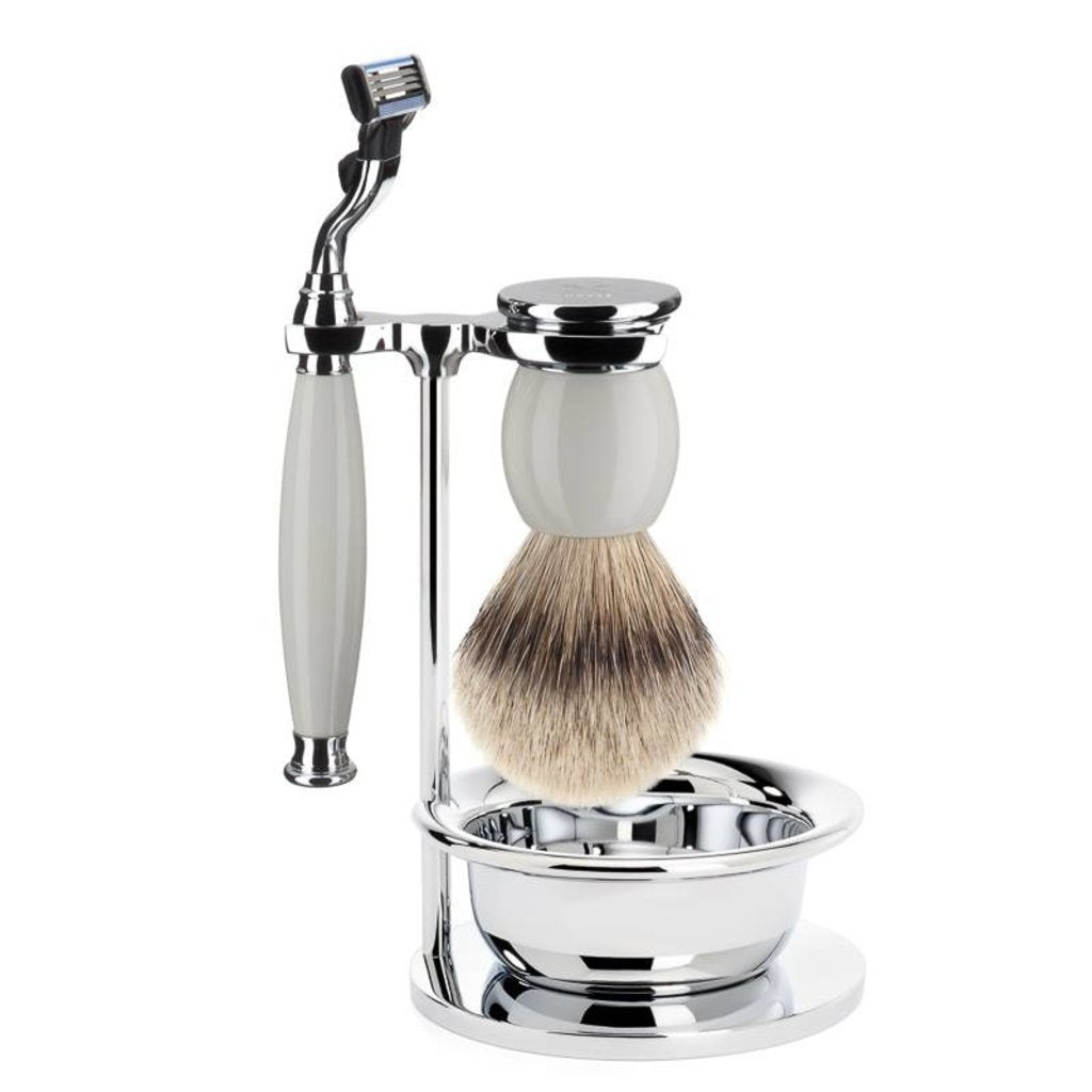 Mühle Scheerset Silvertip Dassenhaar Sophist 4-delig - Porselein - Mach3®